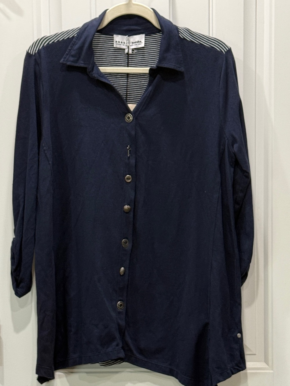 neon buddha Women’s Size S Cotton Stretch Navy Striped Button Down Tunic Top NWT